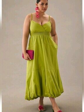Anthropologie Green V-neck Smocked Tiered Bubble-Hem Dress Size Large NWT
